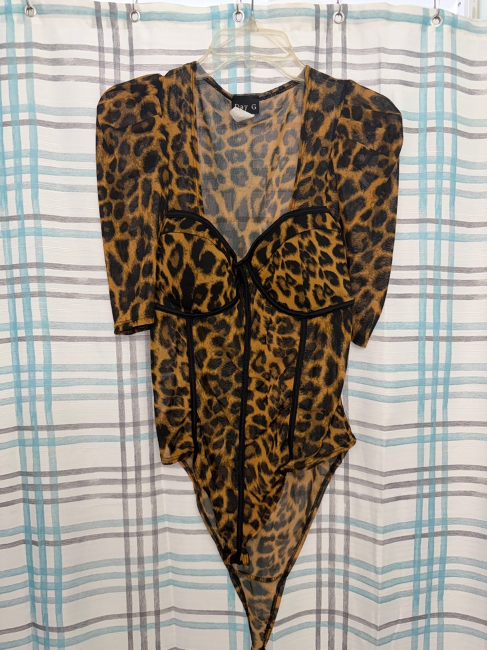 Leopard Print Bustier Bodysuit with Contrast Piping - Brown/Black
